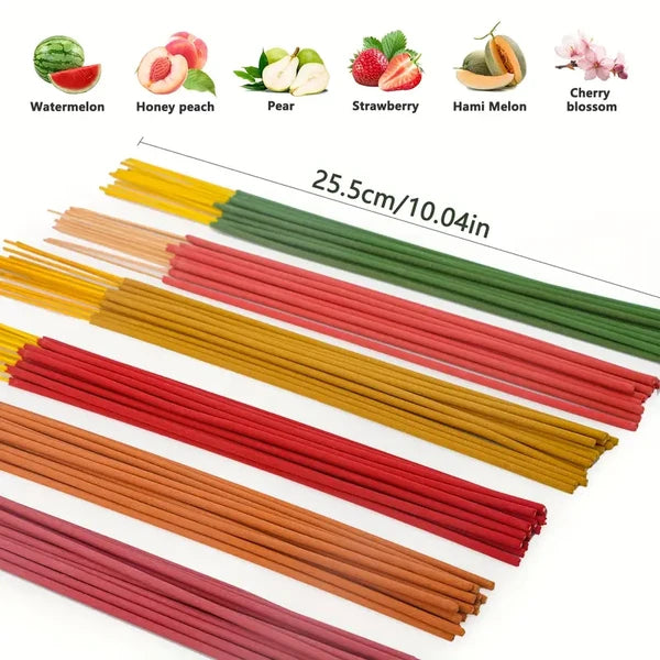 6 Fruit Flavors Incense Sticks, with Rich Fruity Aromas such as Cantaloupe, Strawberry, Watermelon, etc., 25.5cm/ 10.04in, Perfect for Yoga, Meditation,and Enhancing Party Atmosphere - 102pcs