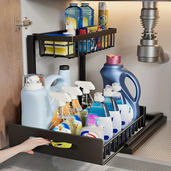1/2pcs kitchen rack for sink organization and storage, under sink organization, sliding pull-out cabinet organization rack, metal sliding drawer, for kitchen refrigerator cabinet organization rack, si