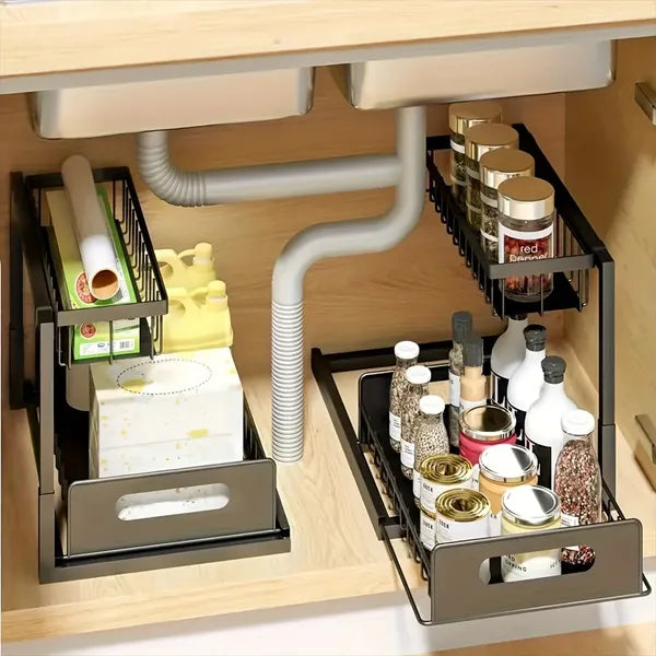 1/2pcs kitchen rack for sink organization and storage, under sink organization, sliding pull-out cabinet organization rack, metal sliding drawer, for kitchen refrigerator cabinet organization rack, si