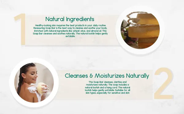 BeNat Reassuring Natural Soap Bar with Built-in Loofah Exfoliator & Rope, 3.53oz - Nourishing Wheat, Olive & Almond Oil Moisturizing Body & Face Wash for Dry & Sensitive Skin