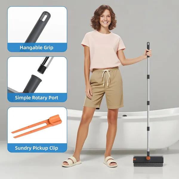 Generic 3 in 1 Stiff Bristle Floor Scrubber Brush with Long Handle Floor Scrubber Broom with Squeegee and Tweezer for Cleaning Bathroom Patio Garage Kitchen 3 in 1 Stiff Bristle Floor Scrubber Brush