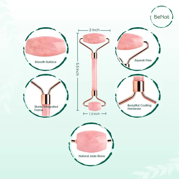 Authentic Rose Quartz Facial Roller for Face & Neck | Natural Stone Cooling Massager to Reduce Puffiness, Boost Circulation & Enhance Skin Glow