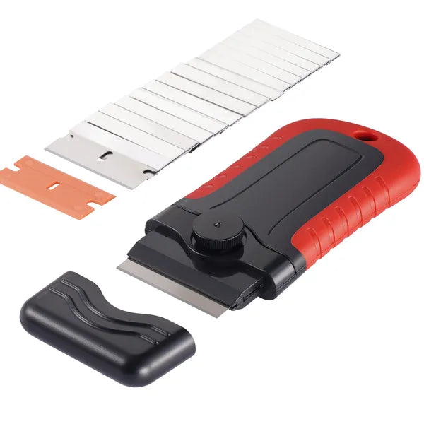 Razor Blade Scraper, 15 Extra Blades, Locking Scraper Tool with Security Cap, Carbon Steel and POM Blades, for Cleaning Labels, Stickers, Decals, Paint from Glass Window Stovetop Cooktop Oven