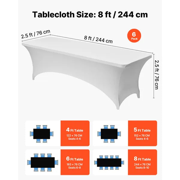 6 Pack Table Cloth for 8FT Rectangular Fitted Events, Wrinkle-Resistant Stretch White Table Covers, Washable Spandex Tablecloth Protector, for Party, Wedding, Cocktail, Banquet, Festival