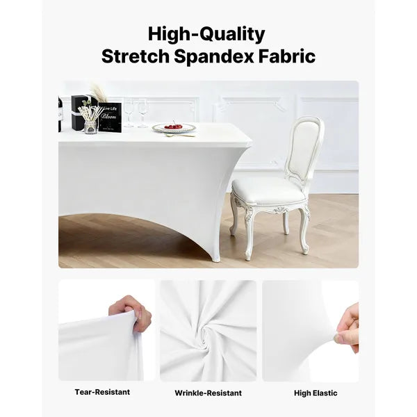 6 Pack Table Cloth for 8FT Rectangular Fitted Events, Wrinkle-Resistant Stretch White Table Covers, Washable Spandex Tablecloth Protector, for Party, Wedding, Cocktail, Banquet, Festival
