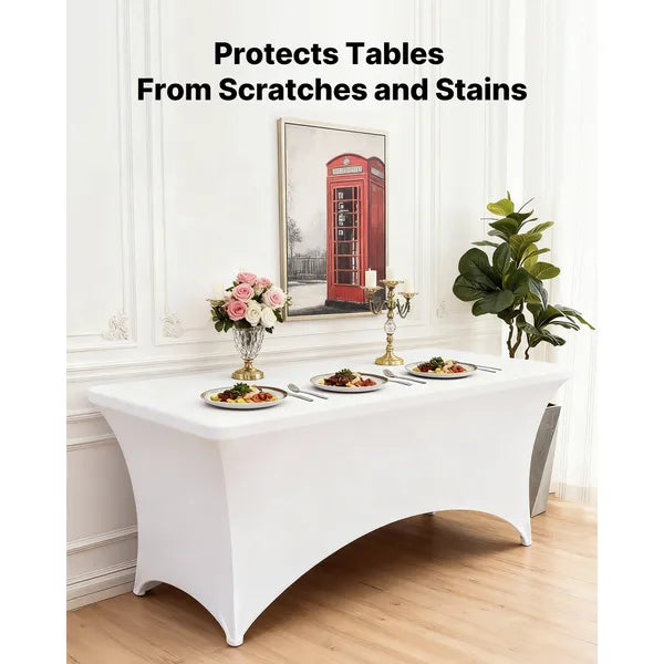 6 Pack Table Cloth for 8FT Rectangular Fitted Events, Wrinkle-Resistant Stretch White Table Covers, Washable Spandex Tablecloth Protector, for Party, Wedding, Cocktail, Banquet, Festival