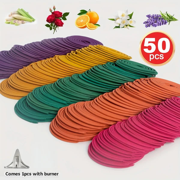 50pcs Spiral Incense, Lemongrass, Rose, Jasmine, Lavender Orange Aromatherapy Coils, Burning Time 3-4 Hours Suitable for Air Purification, Yoga, Meditation,, Best Gift Choice, Fitness, Home Relaxation