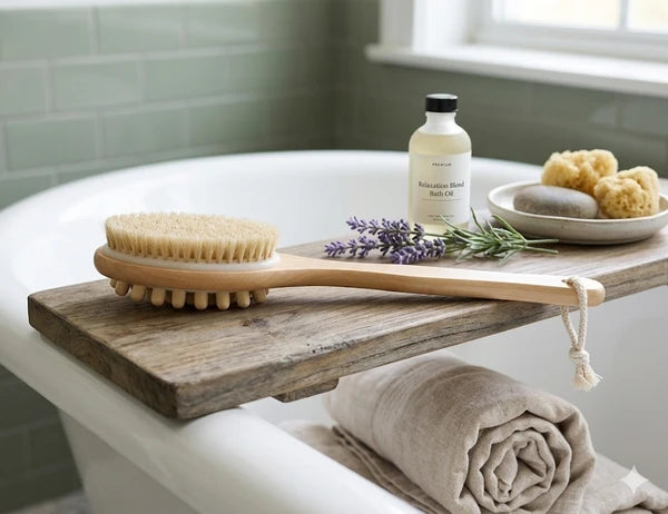 Natural Boar Bristle Wooden Bath and Body Massage Brush with Long Handle - Eco-Friendly Exfoliating Back Scrubber for Shower, Wet or Dry Brushing Wellness Skin Care