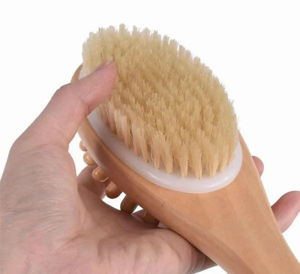 Natural Boar Bristle Wooden Bath and Body Massage Brush with Long Handle - Eco-Friendly Exfoliating Back Scrubber for Shower, Wet or Dry Brushing Wellness Skin Care