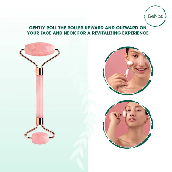 Authentic Rose Quartz Facial Roller for Face & Neck | Natural Stone Cooling Massager to Reduce Puffiness, Boost Circulation & Enhance Skin Glow