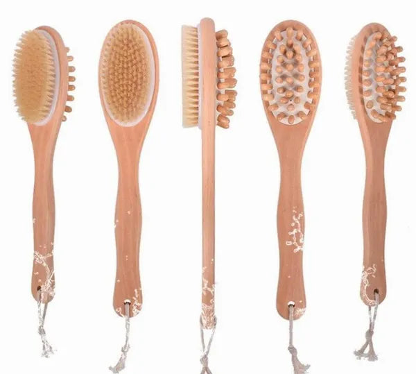 Natural Boar Bristle Wooden Bath and Body Massage Brush with Long Handle - Eco-Friendly Exfoliating Back Scrubber for Shower, Wet or Dry Brushing Wellness Skin Care