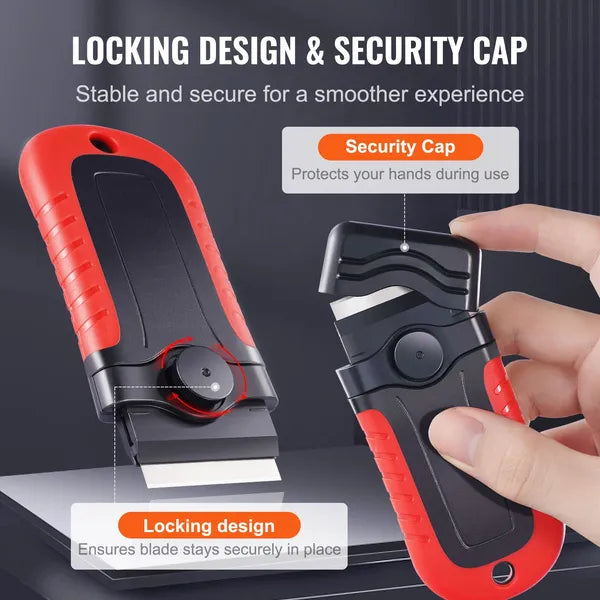 Razor Blade Scraper, 15 Extra Blades, Locking Scraper Tool with Security Cap, Carbon Steel and POM Blades, for Cleaning Labels, Stickers, Decals, Paint from Glass Window Stovetop Cooktop Oven