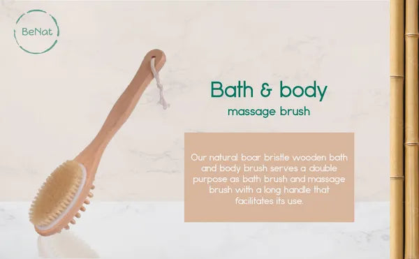 Natural Boar Bristle Wooden Bath and Body Massage Brush with Long Handle - Eco-Friendly Exfoliating Back Scrubber for Shower, Wet or Dry Brushing Wellness Skin Care