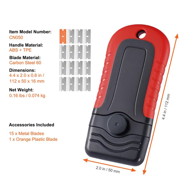 Razor Blade Scraper, 15 Extra Blades, Locking Scraper Tool with Security Cap, Carbon Steel and POM Blades, for Cleaning Labels, Stickers, Decals, Paint from Glass Window Stovetop Cooktop Oven