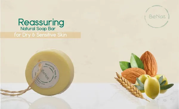BeNat Reassuring Natural Soap Bar with Built-in Loofah Exfoliator & Rope, 3.53oz - Nourishing Wheat, Olive & Almond Oil Moisturizing Body & Face Wash for Dry & Sensitive Skin