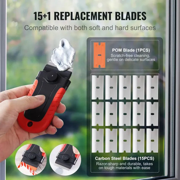 Razor Blade Scraper, 15 Extra Blades, Locking Scraper Tool with Security Cap, Carbon Steel and POM Blades, for Cleaning Labels, Stickers, Decals, Paint from Glass Window Stovetop Cooktop Oven