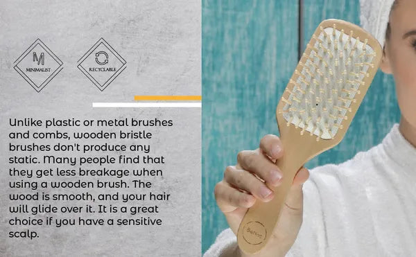 Natural Wooden Detangling Hair Brush - Eco Friendly Bamboo Bristle Paddle Brush for Sensitive Scalp Massage, Anti Static Hair Growth Styling Comb for Women and Men
