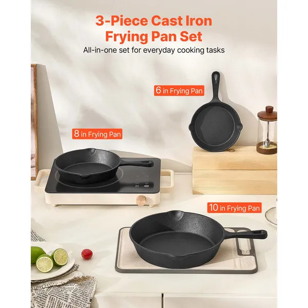 Cast Iron Skillet, 3-Piece Frying Pan Set (6, 8, 10 in), Heavy-Duty Skillets with Heat-Resistant Handle, Pre-Seasoned Chef's Pan, Kitchen Cookware, for Oven, Gas, Electrical, Induction, Black