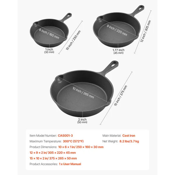 Cast Iron Skillet, 3-Piece Frying Pan Set (6, 8, 10 in), Heavy-Duty Skillets with Heat-Resistant Handle, Pre-Seasoned Chef's Pan, Kitchen Cookware, for Oven, Gas, Electrical, Induction, Black