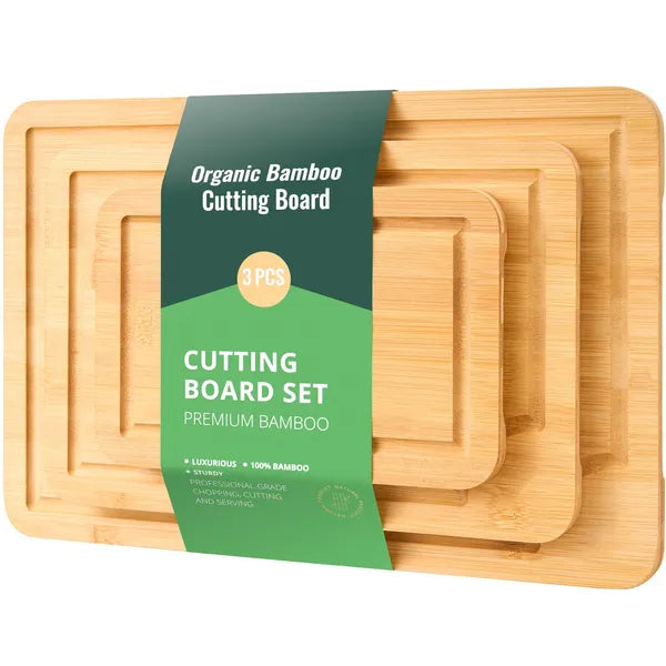 Cutting Board, 3 Pieces, Premium Versatile Bamboo Cutting Board with Food-Grade Oil and Juice Groove,Sturdy & Durable Chopping Board with Built-in Handle, Fit for Display, Chopping & Serving