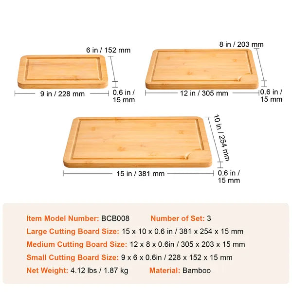 Cutting Board, 3 Pieces, Premium Versatile Bamboo Cutting Board with Food-Grade Oil and Juice Groove,Sturdy & Durable Chopping Board with Built-in Handle, Fit for Display, Chopping & Serving