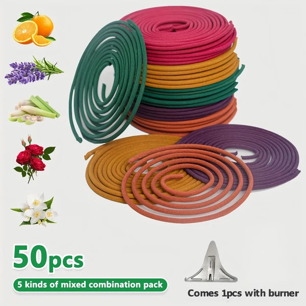 50pcs Spiral Incense, Lemongrass, Rose, Jasmine, Lavender Orange Aromatherapy Coils, Burning Time 3-4 Hours Suitable for Air Purification, Yoga, Meditation,, Best Gift Choice, Fitness, Home Relaxation
