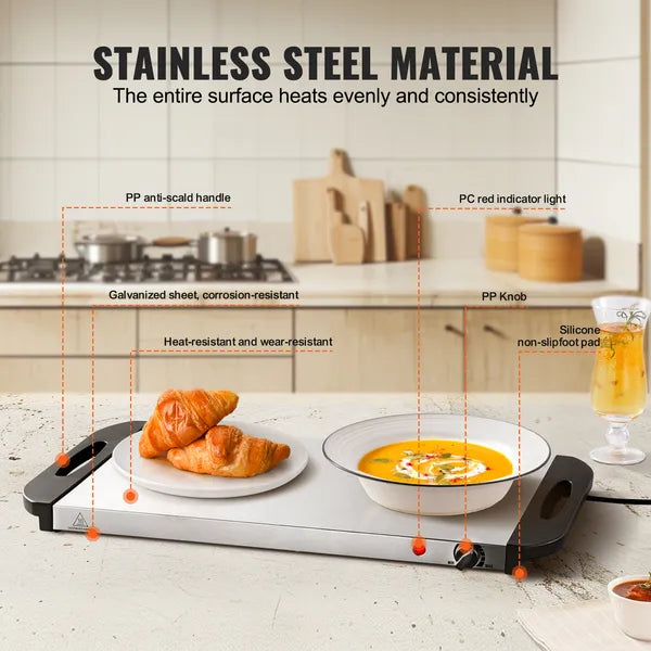Electric Warming Tray, Food Warming Trays for Buffet, Warming Trays with Adjustable Temperature Control, Portable Stainless Steel Food Warmer, Hot Plate Perfect for Parties, Catering, Holidays