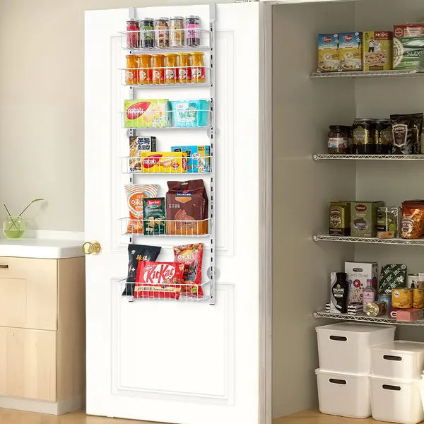Over the Door Pantry Organizer, 6-Tier Pantry Organization and Storage, Heavy-Duty Steel Hanging Spice Rack, Adjustable Wall Seasoning Shelves, for Home Kitchen Laundry Room Bathroom, White