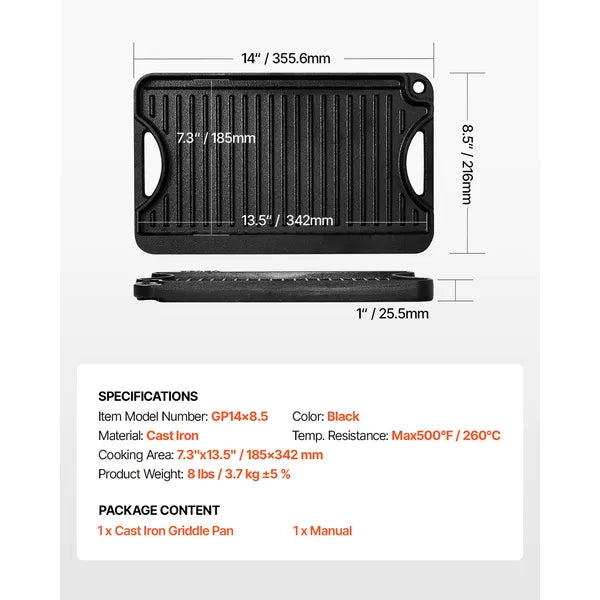 Reversible Grill/Griddle, 14x8.5 inch Pre-Seasoned Cast Iron Griddle, Portable Rectangular Pan with Handle, Family Cookware for Indoor/Outdoor Stove Top Burner, Gas, Camping BBQ, Black