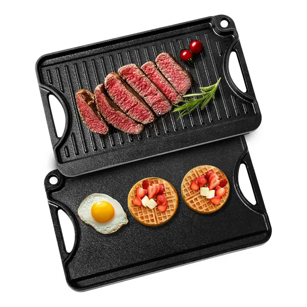 Reversible Grill/Griddle, 14x8.5 inch Pre-Seasoned Cast Iron Griddle, Portable Rectangular Pan with Handle, Family Cookware for Indoor/Outdoor Stove Top Burner, Gas, Camping BBQ, Black