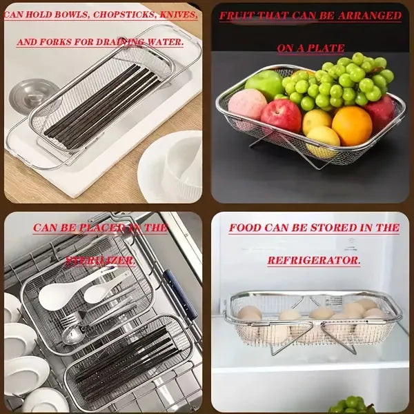 "Space-Saving Kitchen Sink Organizer - Collapsible 304 Stainless Steel Drain Rack for Dishes & Utensils"