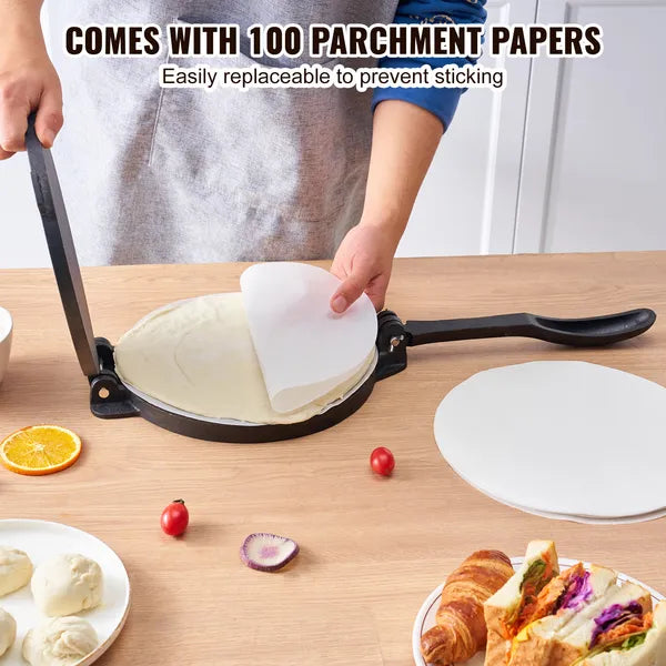 Tortilla Press, 8 Inch Tortilla and Roti Maker, Cast Iron Heavy Duty Tortilladora Press, Pre-Seasoned Pataconera Maker with 100 Pcs Parchment Paper, Dough Maker for Flour Tortilla, Tawa, Silver