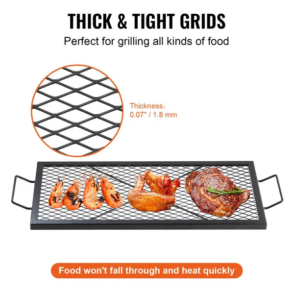 X-Marks Fire Pit Grill Grate, Rectangle Cooking Grate, Heavy Duty Steel Campfire BBQ Grill Grid with Handle & Support X Wire, Portable Camping Cookware for Outside Party Gathering, 32 Inch Black