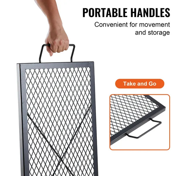 X-Marks Fire Pit Grill Grate, Rectangle Cooking Grate, Heavy Duty Steel Campfire BBQ Grill Grid with Handle & Support X Wire, Portable Camping Cookware for Outside Party Gathering, 32 Inch Black