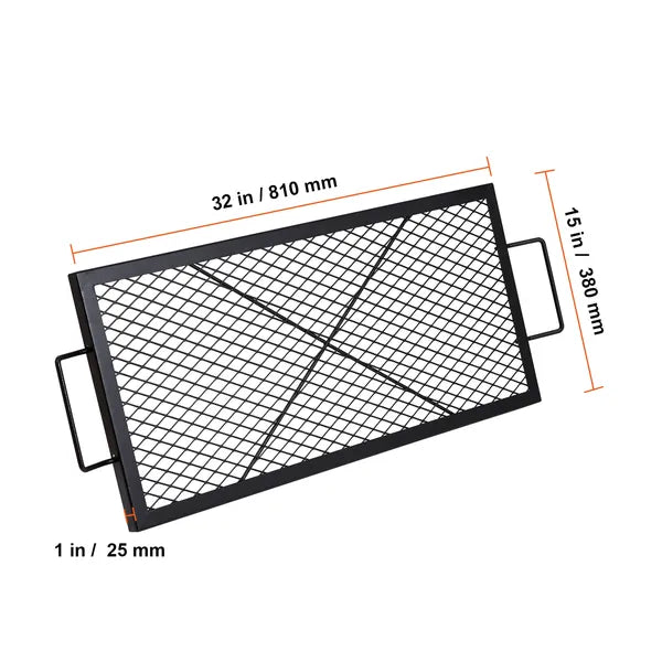 X-Marks Fire Pit Grill Grate, Rectangle Cooking Grate, Heavy Duty Steel Campfire BBQ Grill Grid with Handle & Support X Wire, Portable Camping Cookware for Outside Party Gathering, 32 Inch Black